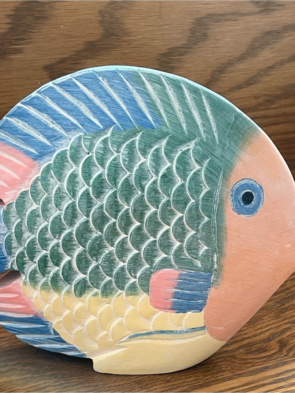 Beachcombers Intl. Inc Hand Carved Wooden Nautical Fish Tabletop Pastel colors.
